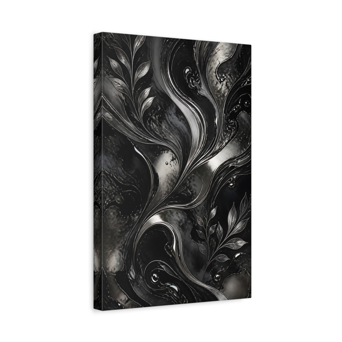Abstract Metallic Leaves Black And Silver Canvas Print – modern Living Room, Above Fireplace - YesArtYes