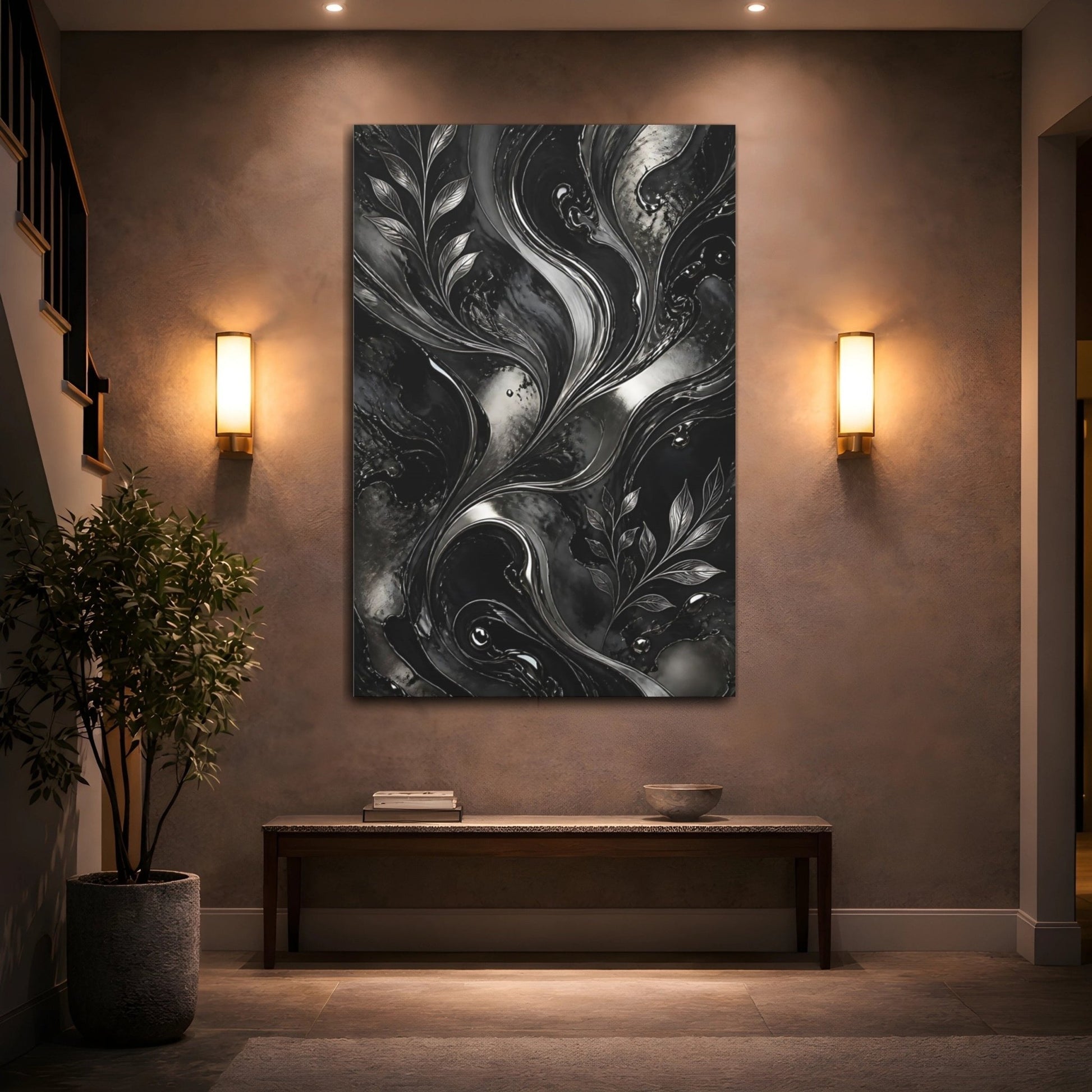Abstract Metallic Leaves Black And Silver Canvas Print – modern Living Room, Above Fireplace - YesArtYes