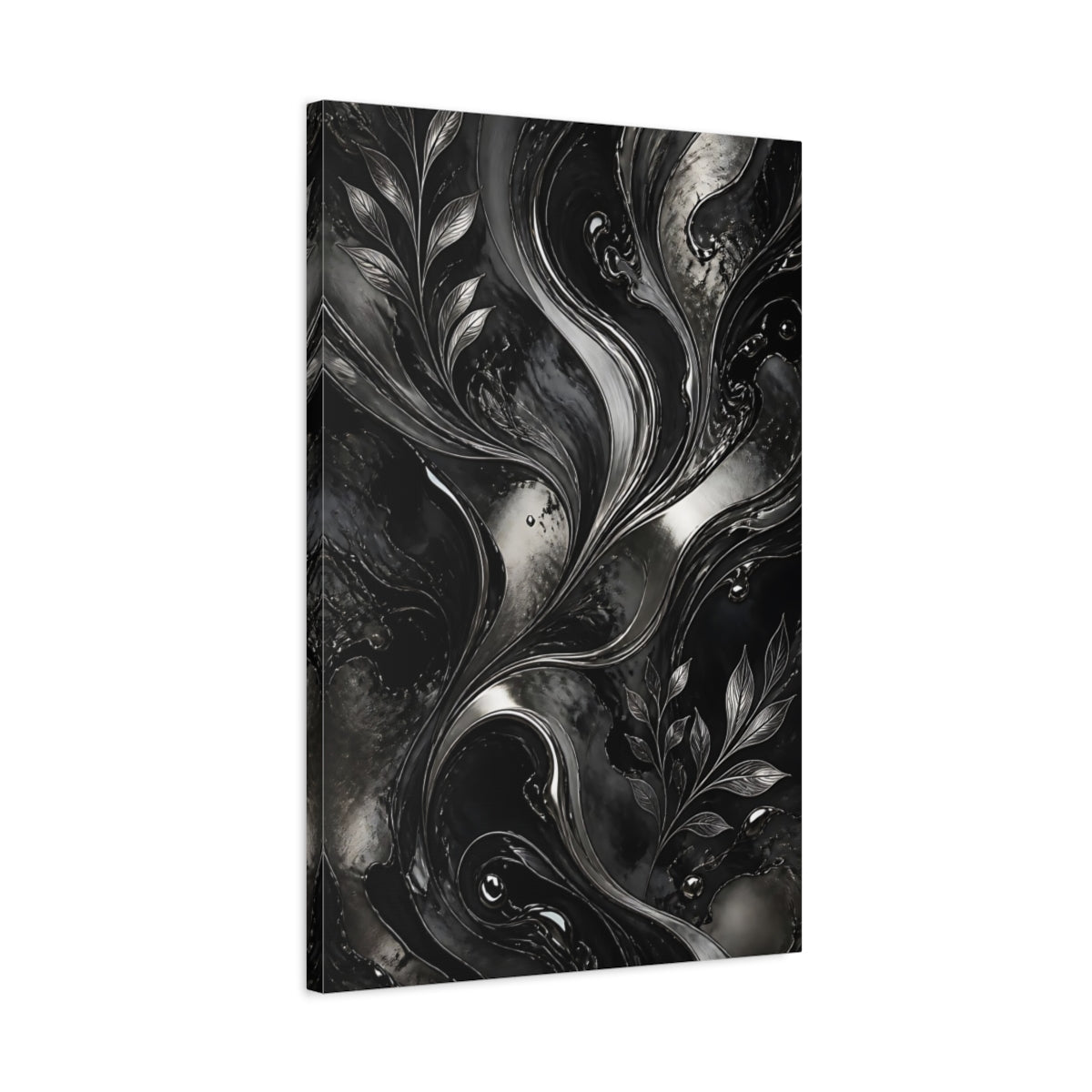 Abstract Metallic Leaves Black And Silver Canvas Print – modern Living Room, Above Fireplace - YesArtYes