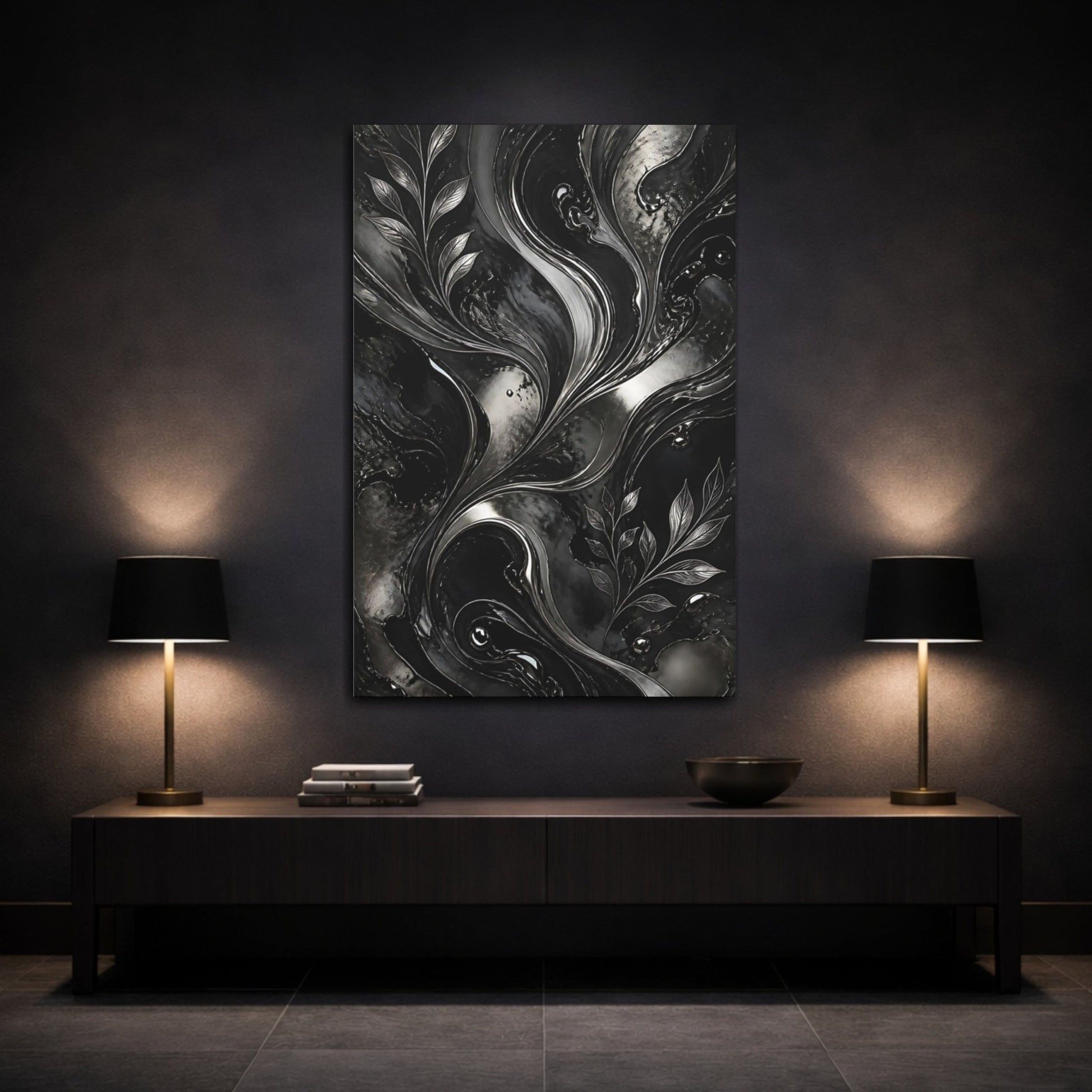 Abstract Metallic Leaves Black And Silver Canvas Print – modern Living Room, Above Fireplace - YesArtYes