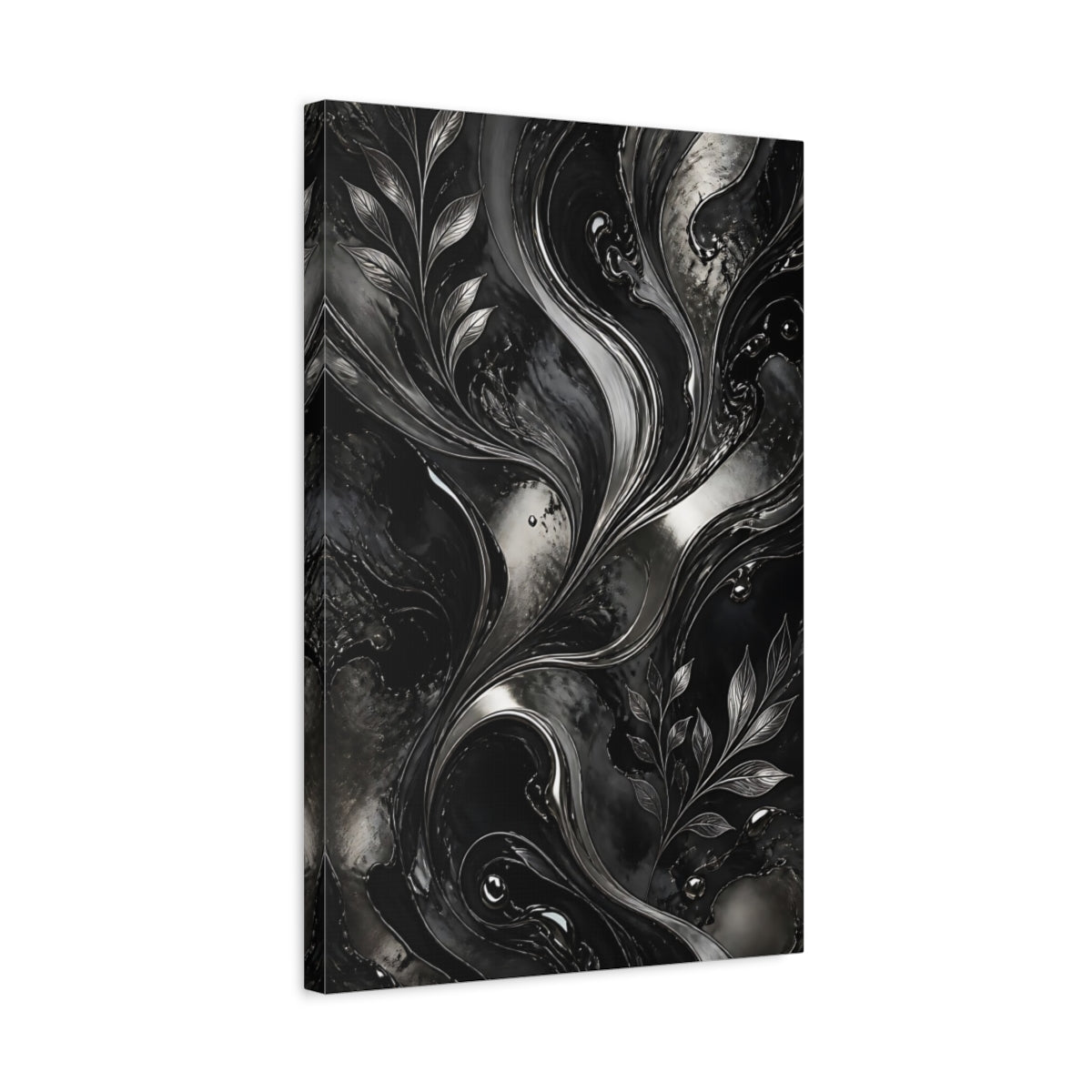 Abstract Metallic Leaves Black And Silver Canvas Print – modern Living Room, Above Fireplace - YesArtYes