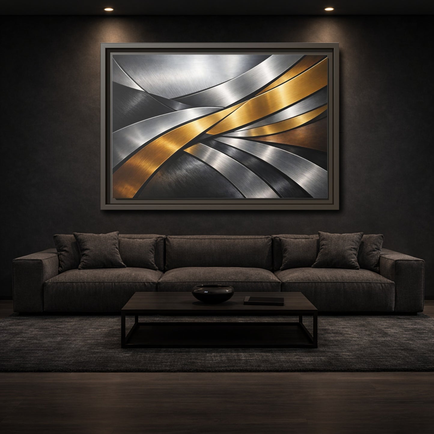 Mockup 2. Abstract Metallic Ribbons Gold Silver Abstract shown as stretched canvas wall art