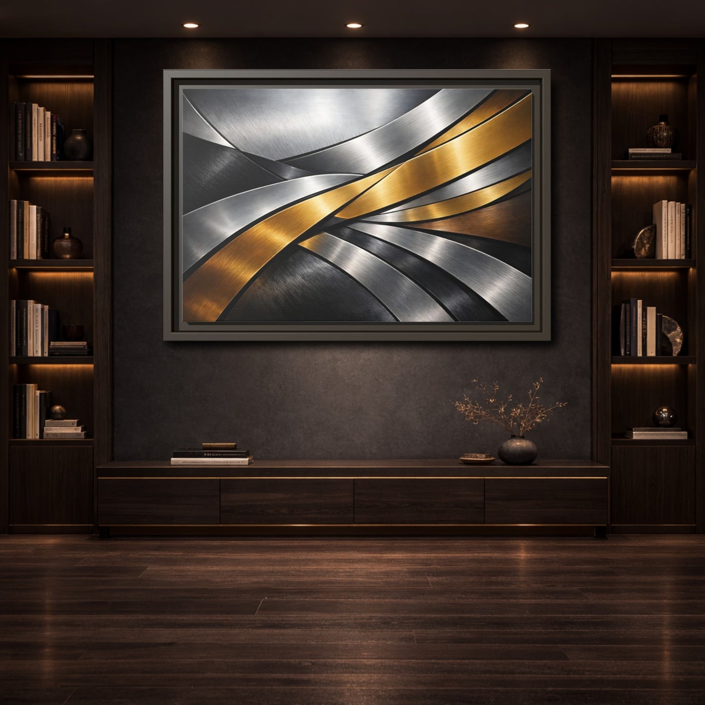Mockup 3. Abstract Metallic Ribbons Gold Silver Abstract shown as stretched canvas wall art