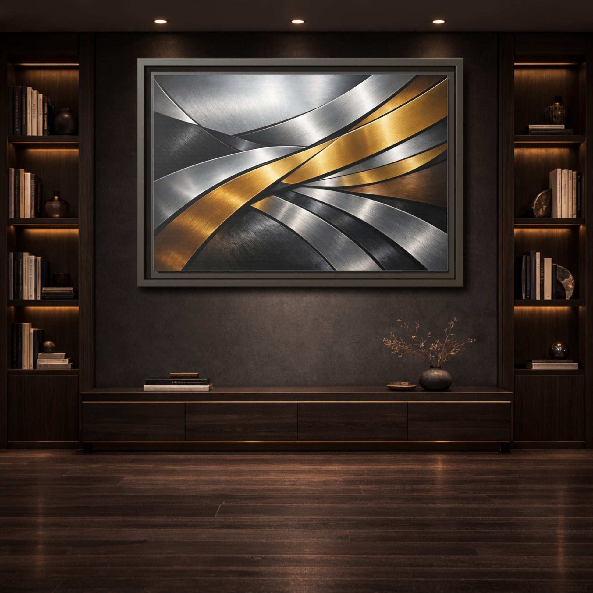 Mockup 3. Abstract Metallic Ribbons Gold Silver Abstract shown as stretched canvas wall art