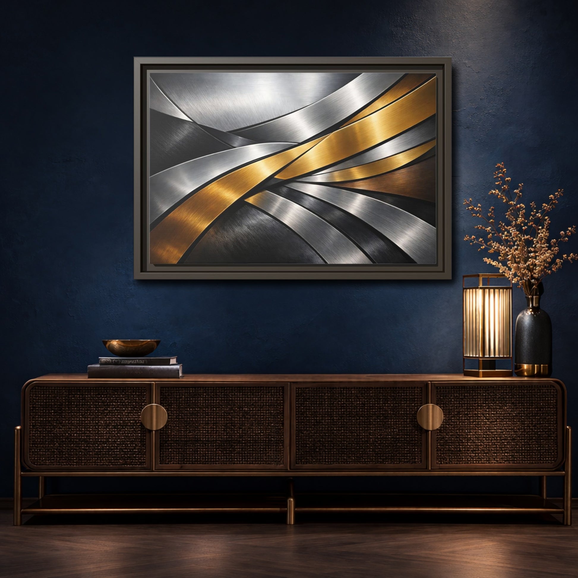 Mockup 4. Abstract Metallic Ribbons Gold Silver Abstract shown as stretched canvas wall art