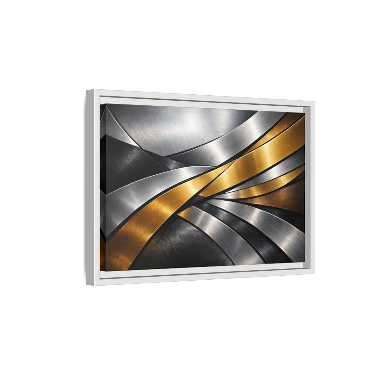 Side Mockup 4. Abstract Metallic Ribbons Gold Silver Abstract shown as stretched canvas wall art