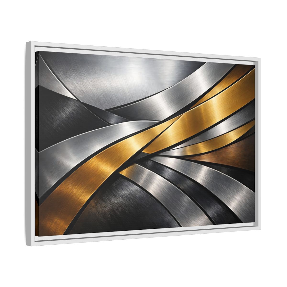 Side Mockup 10. Abstract Metallic Ribbons Gold Silver Abstract shown as stretched canvas wall art