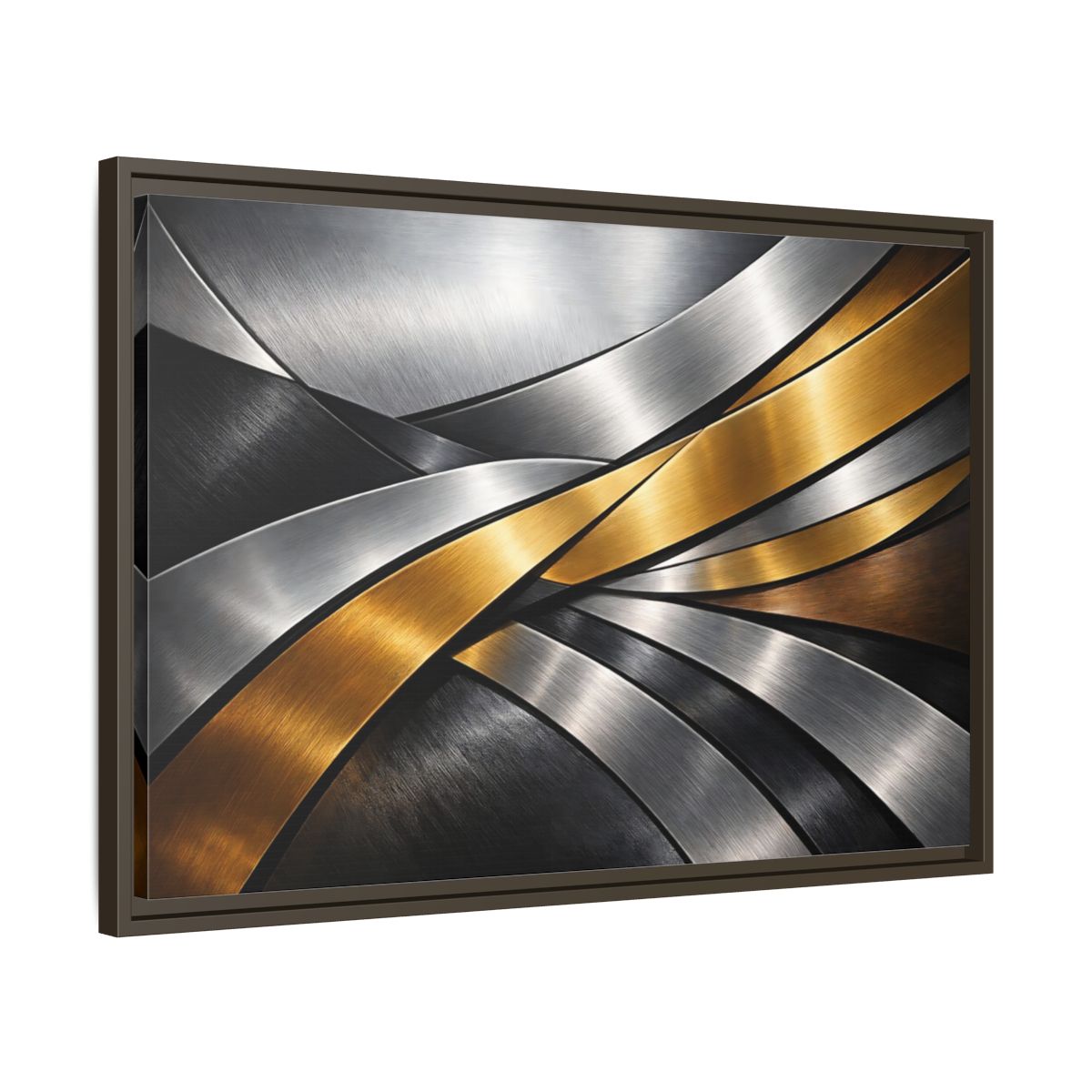 Side Mockup 11. Abstract Metallic Ribbons Gold Silver Abstract shown as stretched canvas wall art