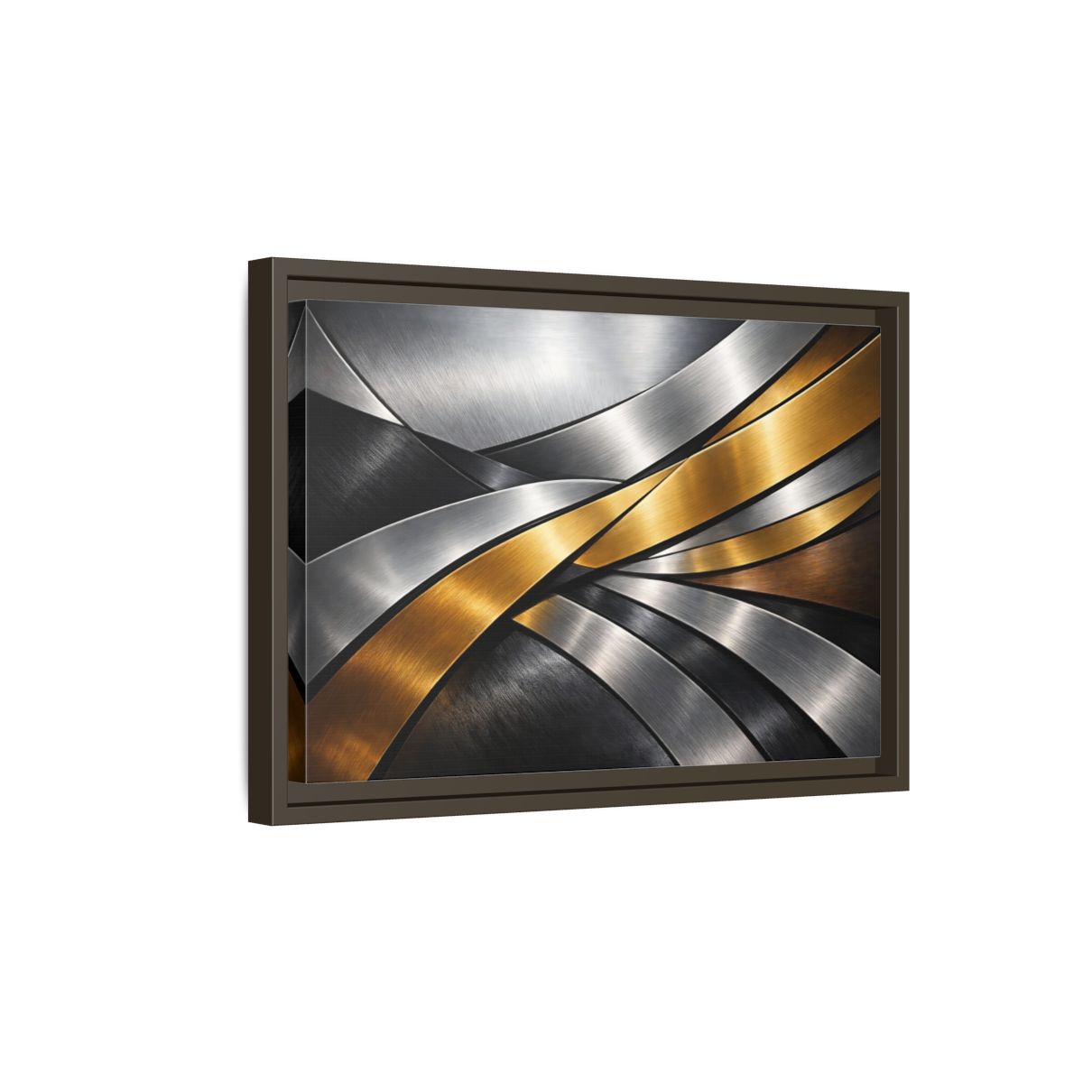 Side Mockup 5. Abstract Metallic Ribbons Gold Silver Abstract shown as stretched canvas wall art