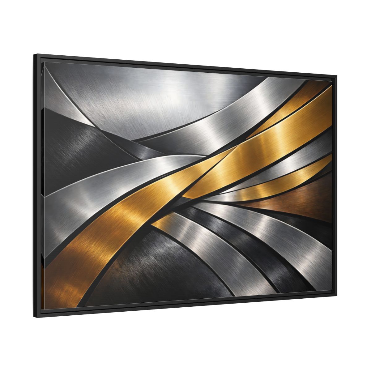 Side Mockup 12. Abstract Metallic Ribbons Gold Silver Abstract shown as stretched canvas wall art