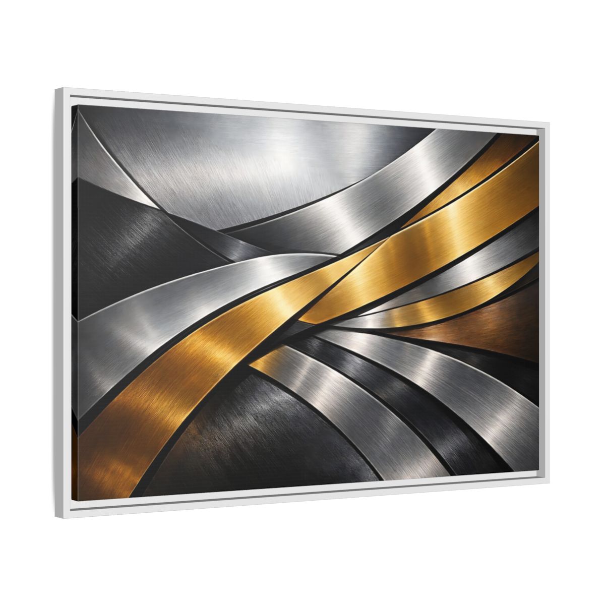 Side Mockup 8. Abstract Metallic Ribbons Gold Silver Abstract shown as stretched canvas wall art