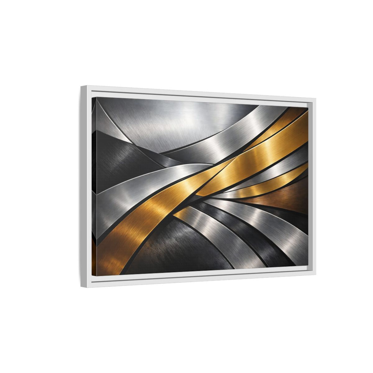 Side Mockup 1. Abstract Metallic Ribbons Gold Silver Abstract shown as stretched canvas wall art