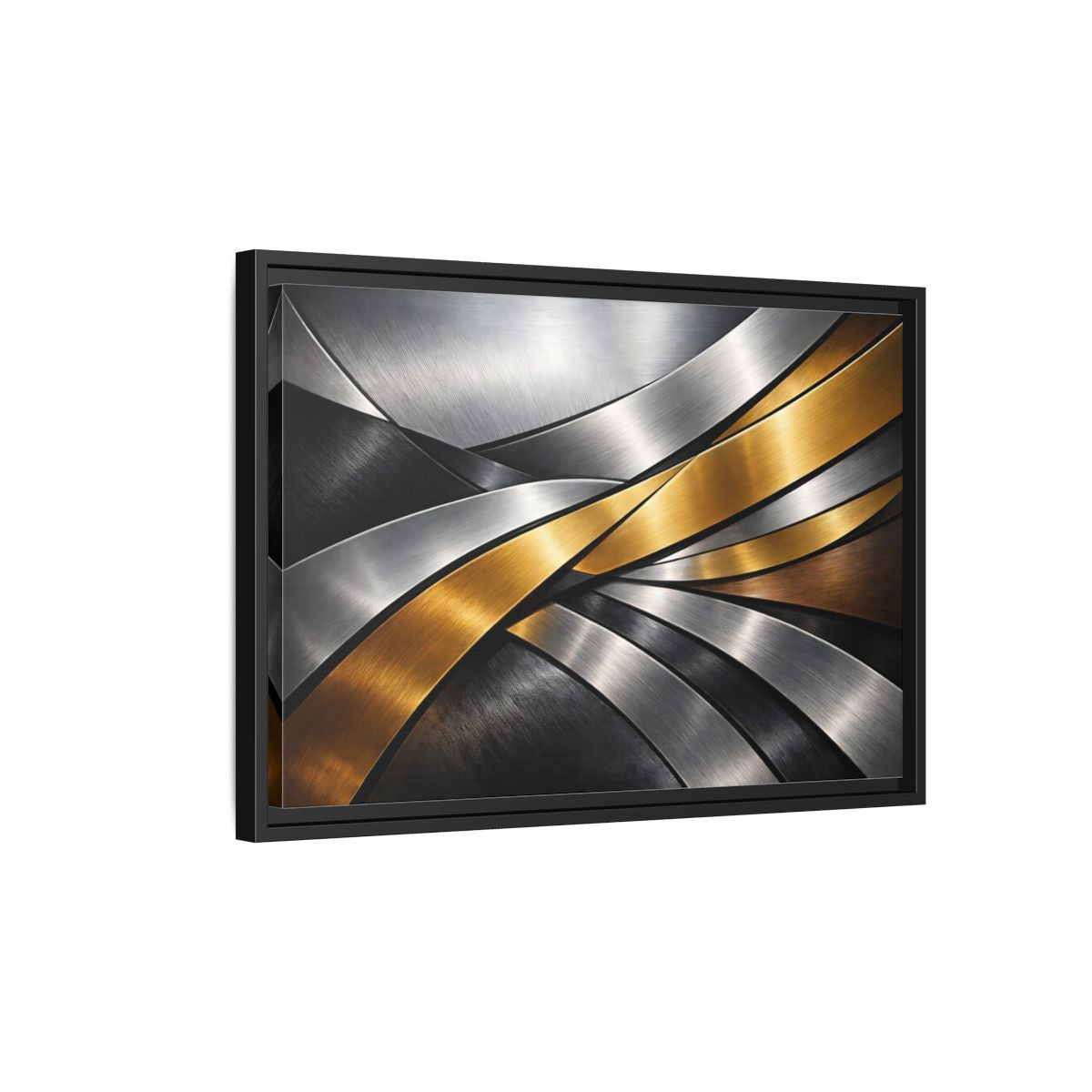 Side Mockup 3. Abstract Metallic Ribbons Gold Silver Abstract shown as stretched canvas wall art