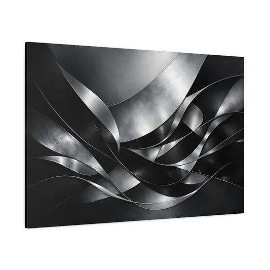 Main Mockup. Abstract Metallic Ribbons Silver And Black shown as stretched canvas wall art