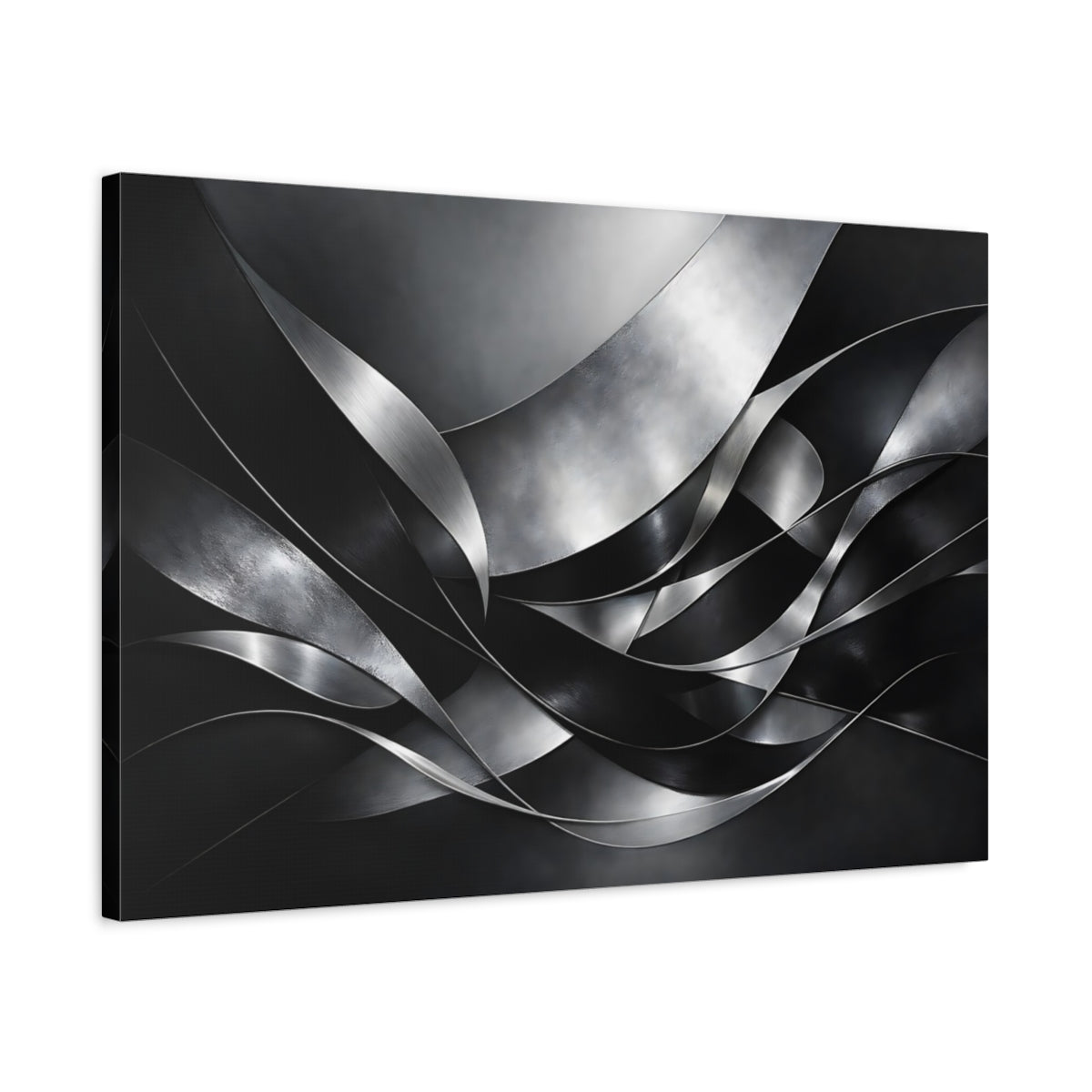 Side Mockup 2. Abstract Metallic Ribbons Silver And Black shown as stretched canvas wall art