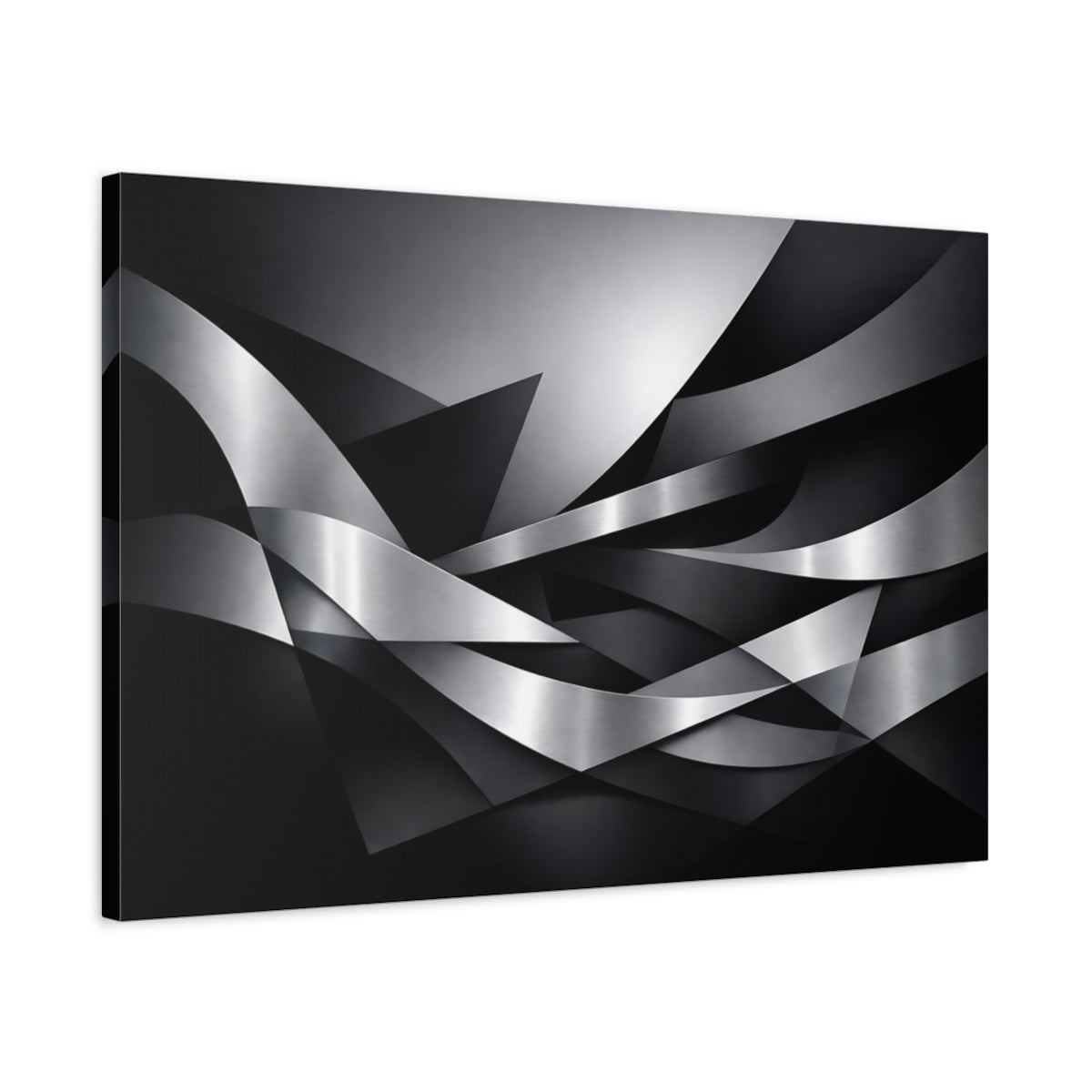 Side Mockup 2. Abstract Metallic Ribbons Silver And Black shown as stretched canvas wall art
