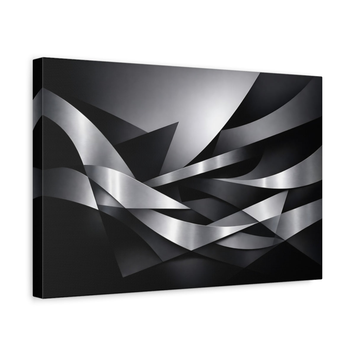 Side Mockup 4. Abstract Metallic Ribbons Silver And Black shown as stretched canvas wall art
