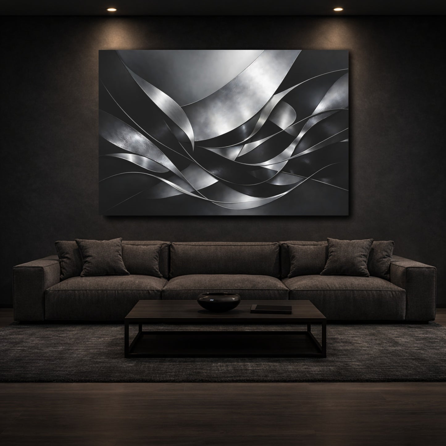 Mockup 2. Abstract Metallic Ribbons Silver And Black shown as stretched canvas wall art