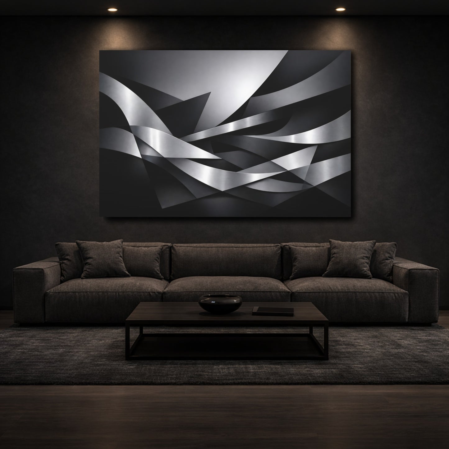Mockup 2. Abstract Metallic Ribbons Silver And Black shown as stretched canvas wall art