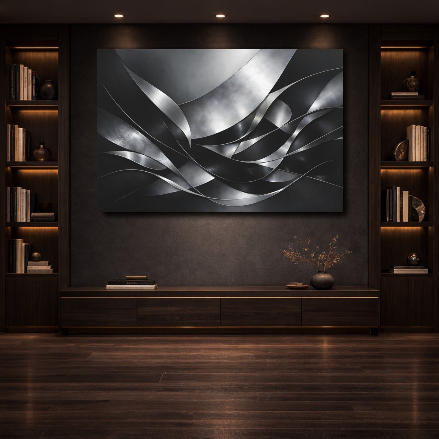 Mockup 3. Abstract Metallic Ribbons Silver And Black shown as stretched canvas wall art