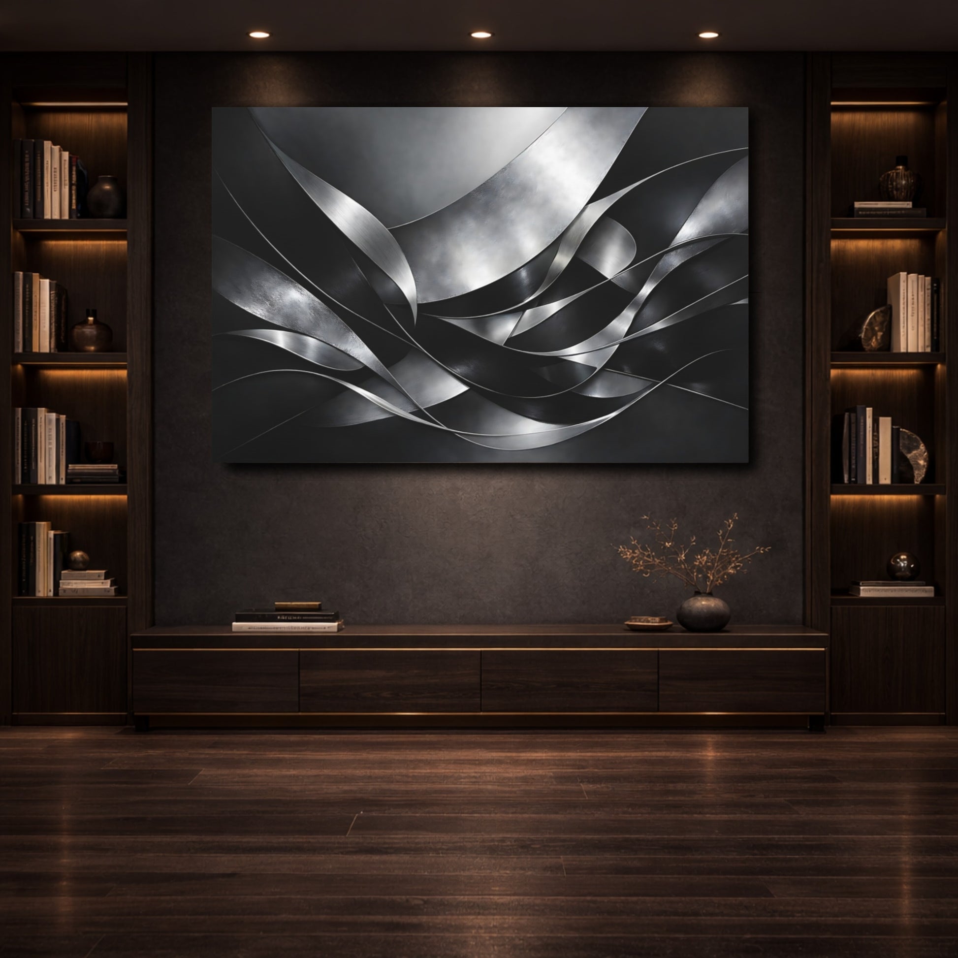 Mockup 3. Abstract Metallic Ribbons Silver And Black shown as stretched canvas wall art