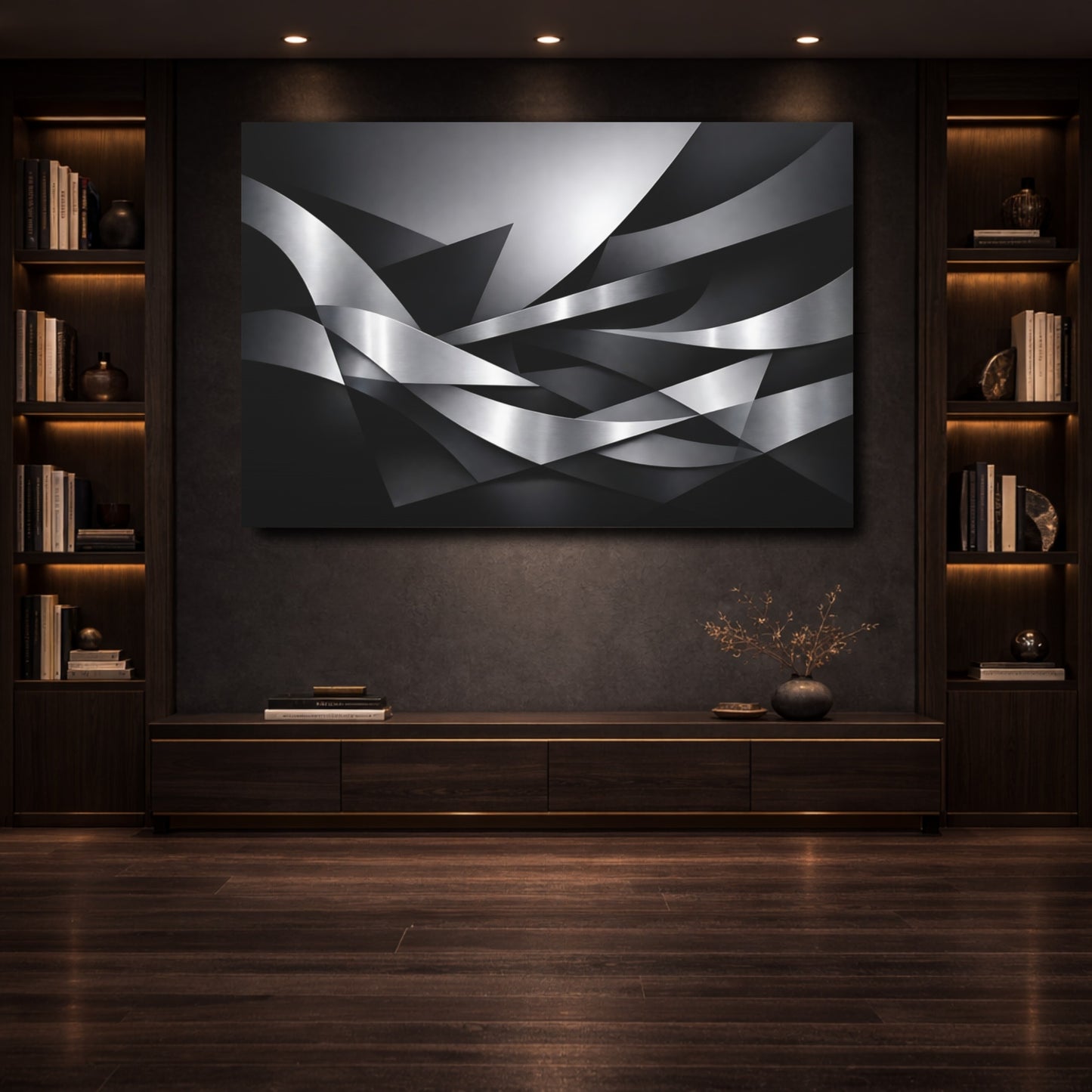 Mockup 3. Abstract Metallic Ribbons Silver And Black shown as stretched canvas wall art