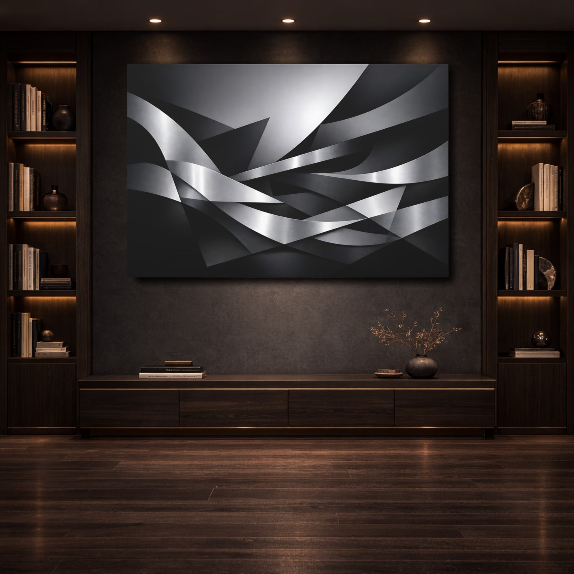Mockup 3. Abstract Metallic Ribbons Silver And Black shown as stretched canvas wall art