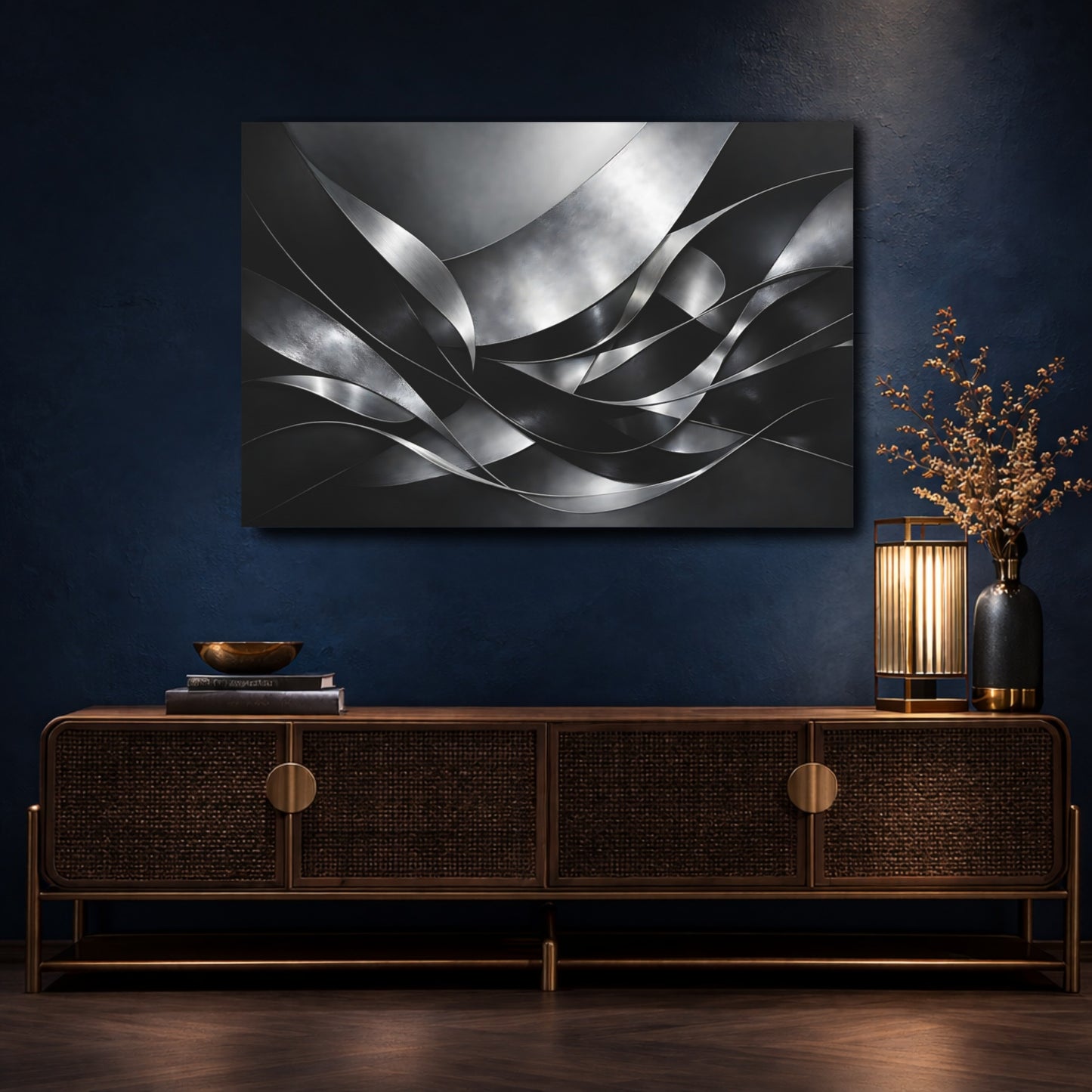 Mockup 4. Abstract Metallic Ribbons Silver And Black shown as stretched canvas wall art