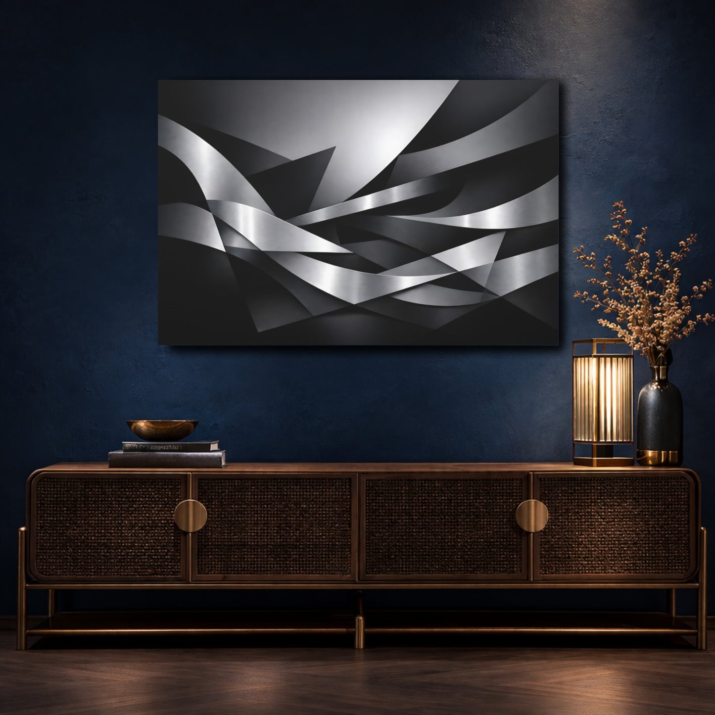 Mockup 4. Abstract Metallic Ribbons Silver And Black shown as stretched canvas wall art