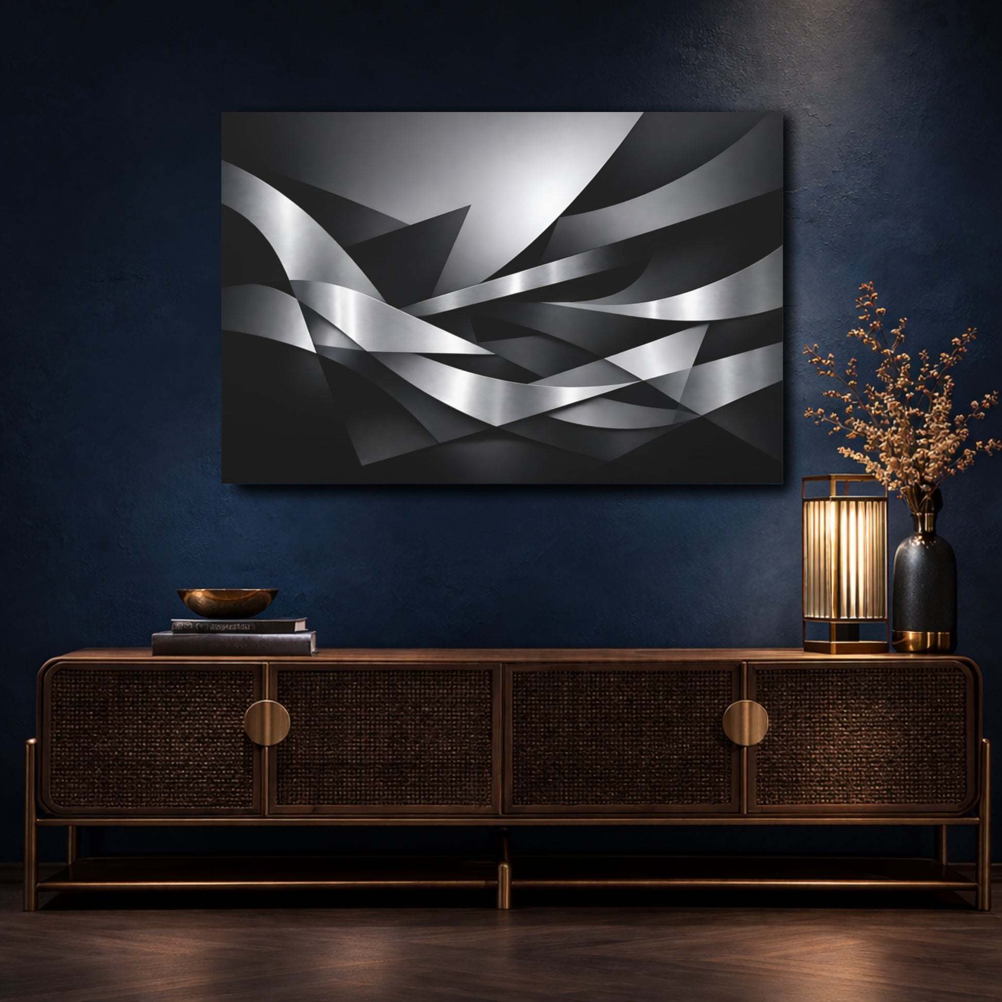 Mockup 4. Abstract Metallic Ribbons Silver And Black shown as stretched canvas wall art