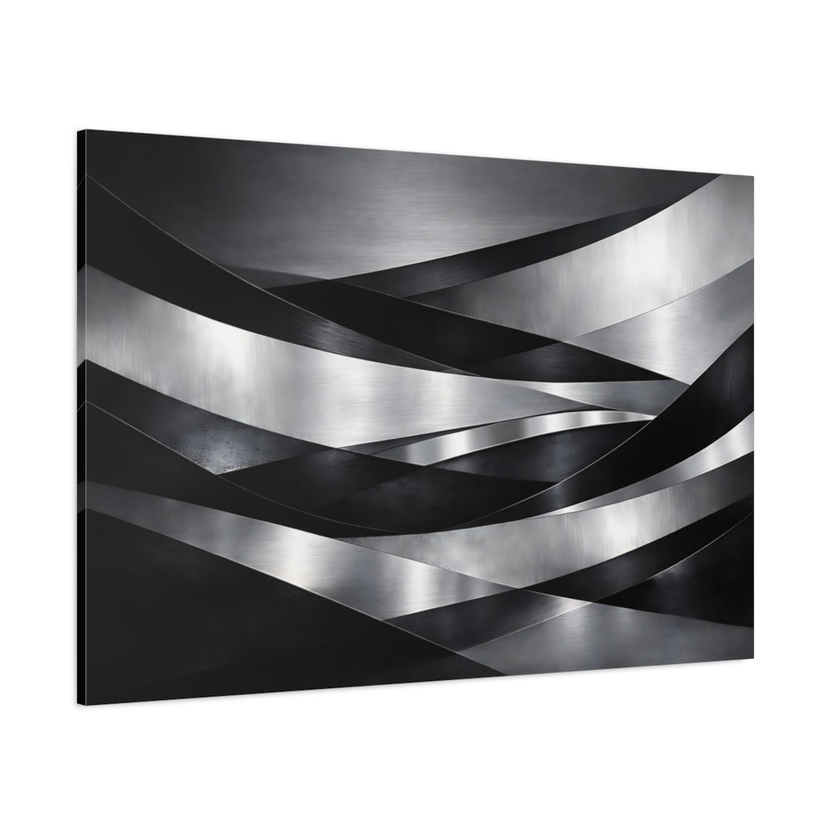 Main Mockup. Abstract Metallic Ribbons Silver Black Abstract shown as stretched canvas wall art