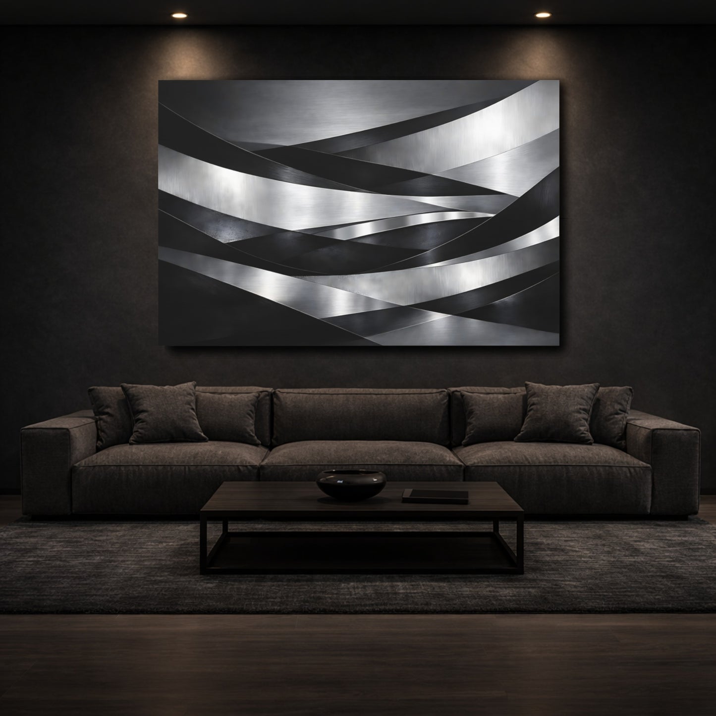 Mockup 2. Abstract Metallic Ribbons Silver Black Abstract shown as stretched canvas wall art