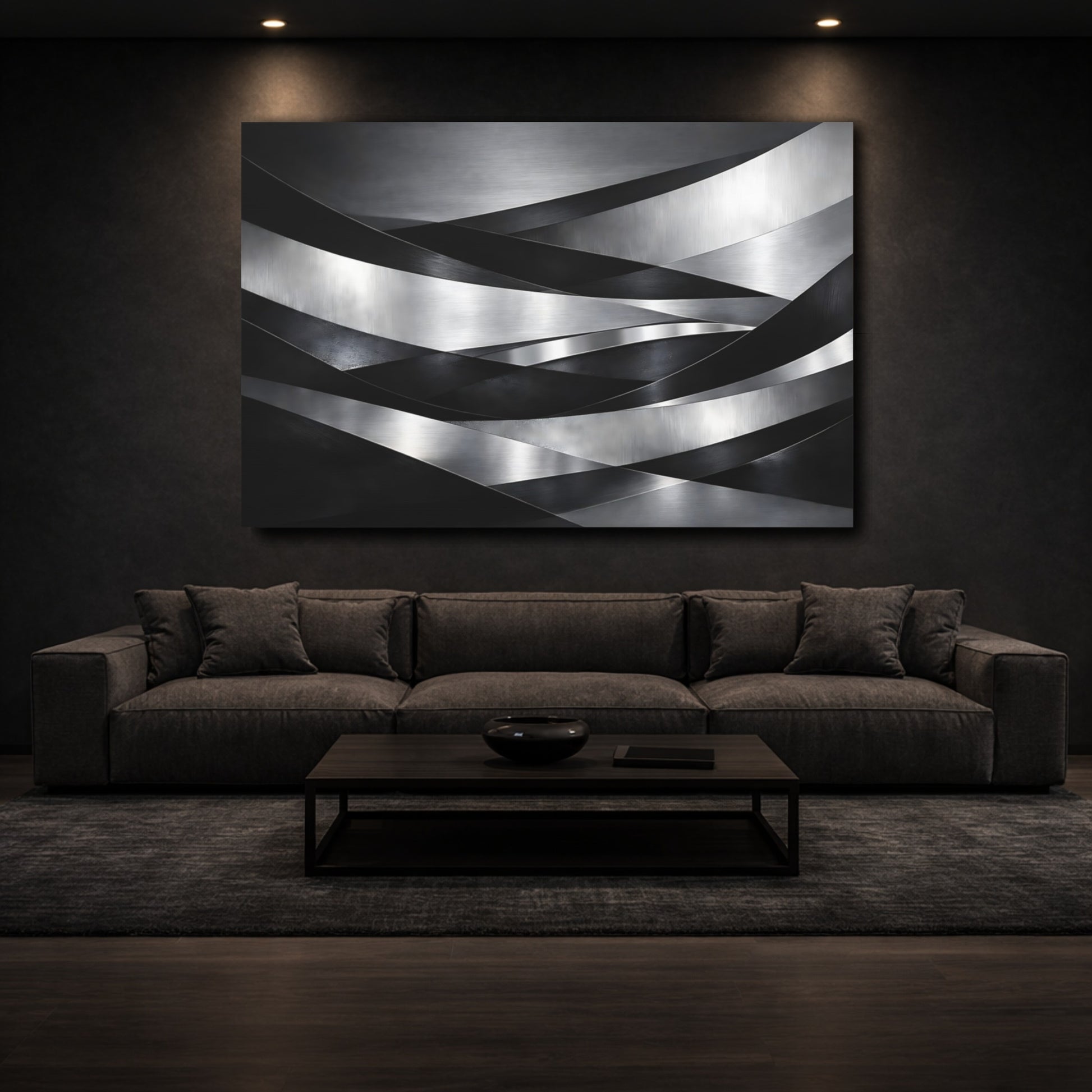 Mockup 2. Abstract Metallic Ribbons Silver Black Abstract shown as stretched canvas wall art