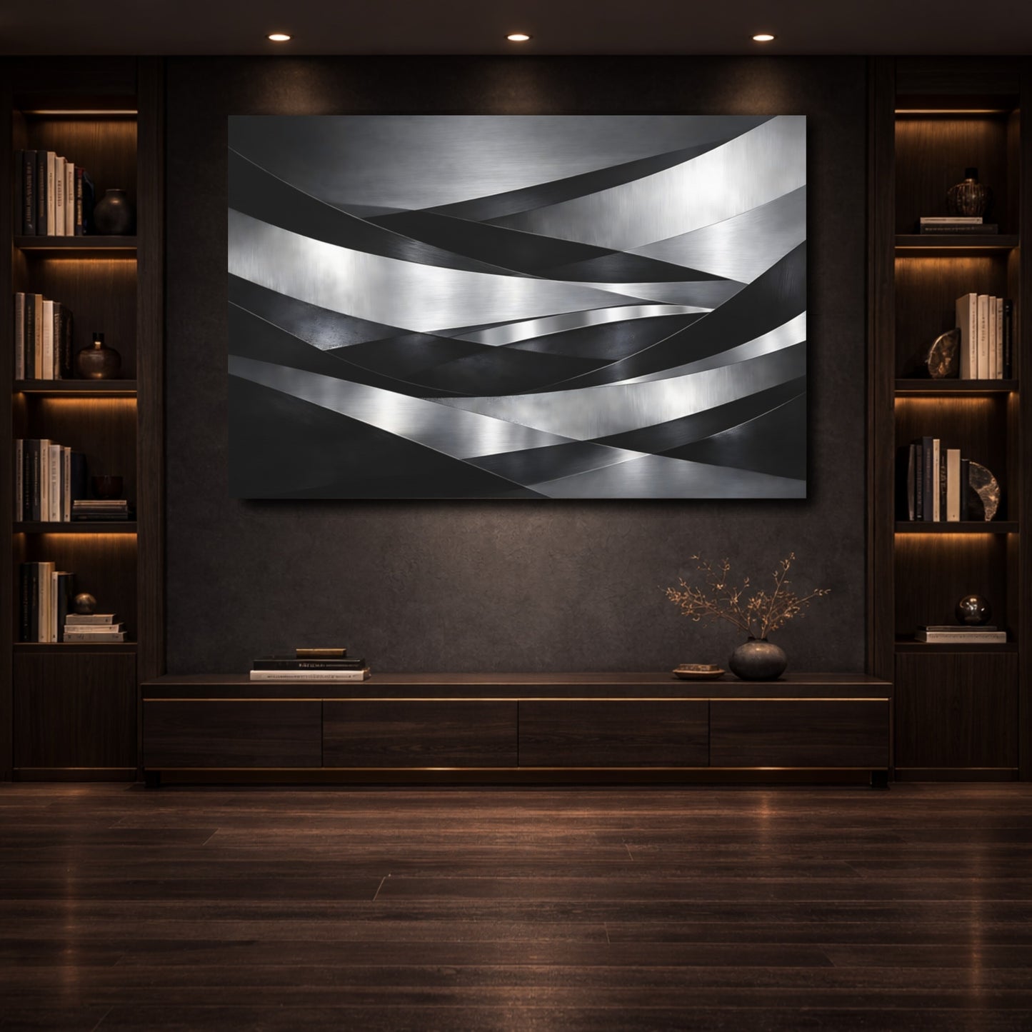 Mockup 3. Abstract Metallic Ribbons Silver Black Abstract shown as stretched canvas wall art