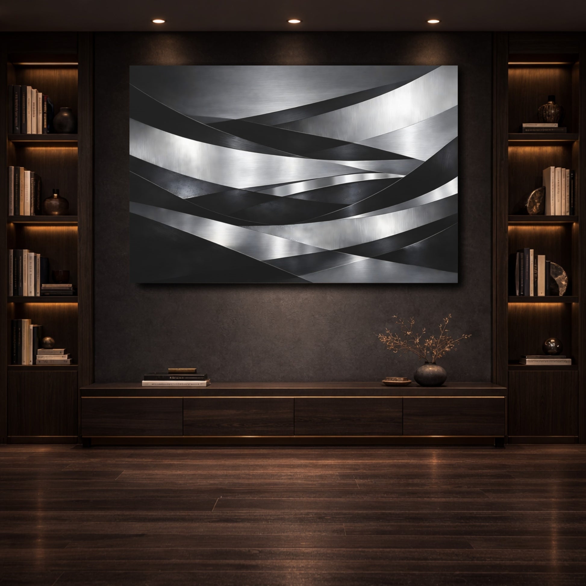 Mockup 3. Abstract Metallic Ribbons Silver Black Abstract shown as stretched canvas wall art