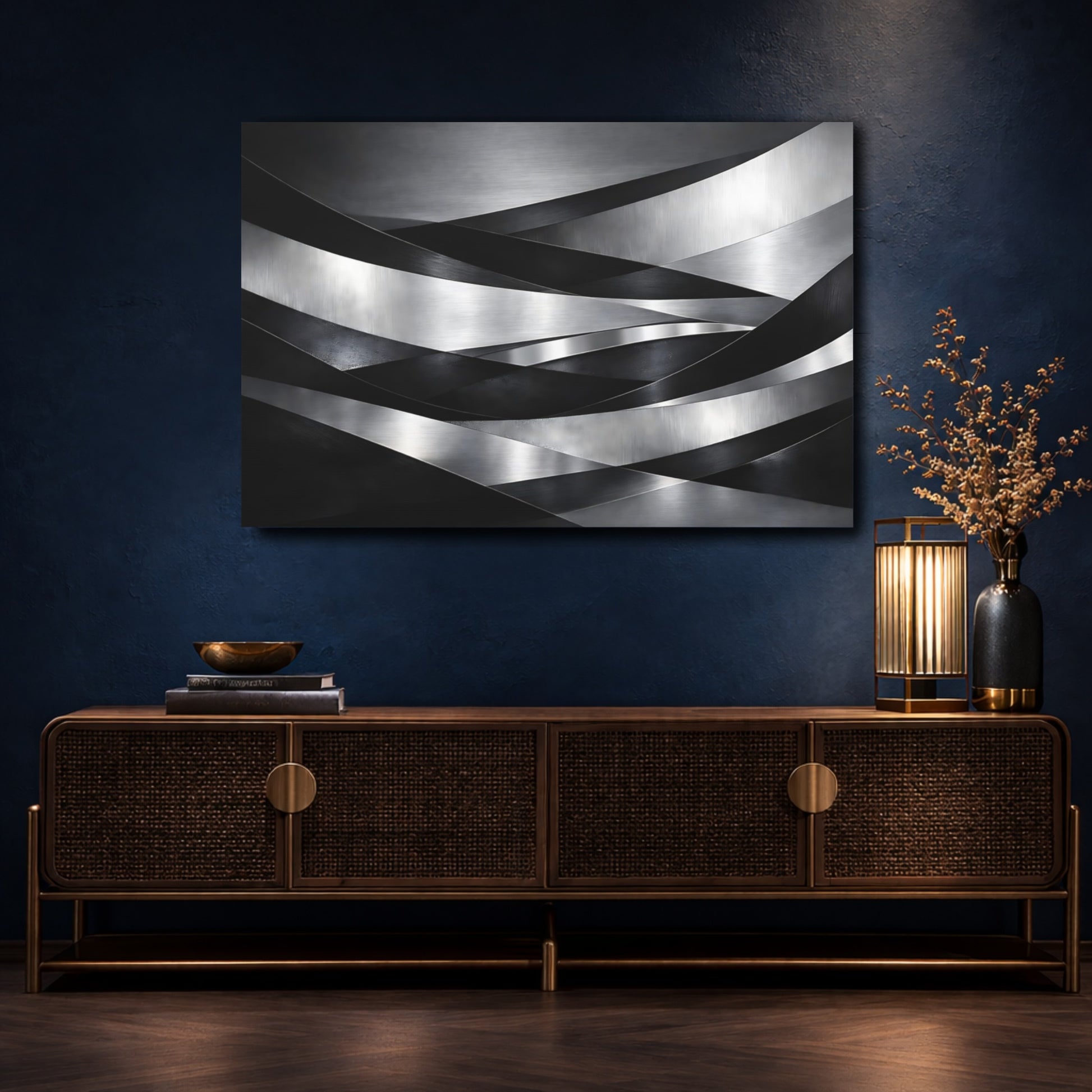 Mockup 4. Abstract Metallic Ribbons Silver Black Abstract shown as stretched canvas wall art