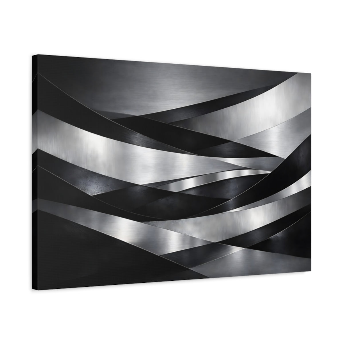 Side Mockup 2. Abstract Metallic Ribbons Silver Black Abstract shown as stretched canvas wall art