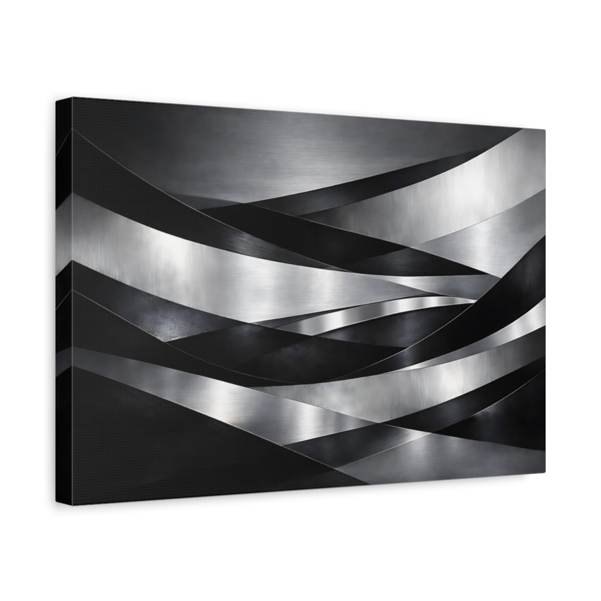 Side Mockup 4. Abstract Metallic Ribbons Silver Black Abstract shown as stretched canvas wall art