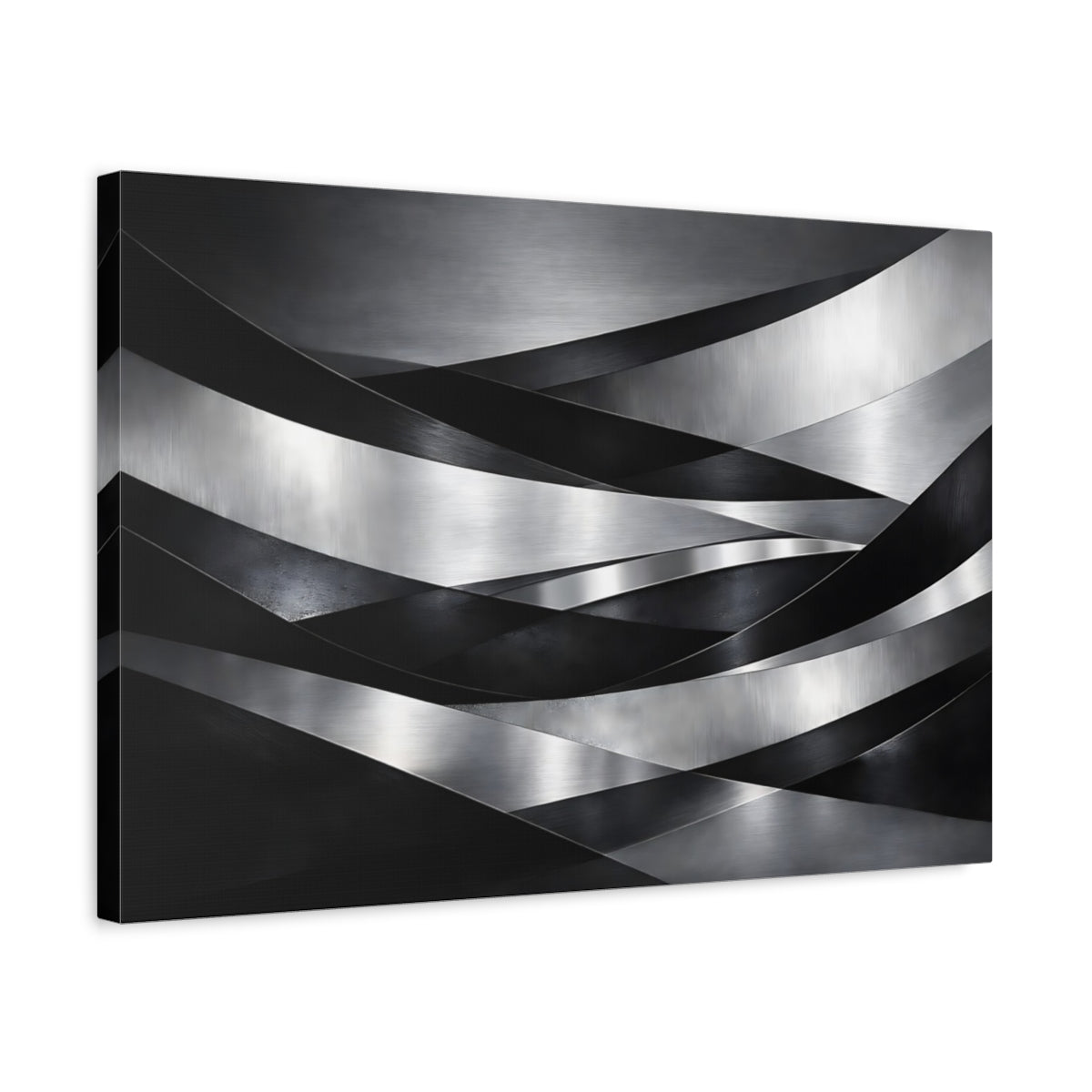 Side Mockup 3. Abstract Metallic Ribbons Silver Black Abstract shown as stretched canvas wall art