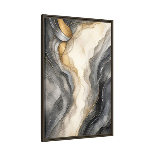Main Mockup. Abstract Metallic Strata shown as framed canvas print