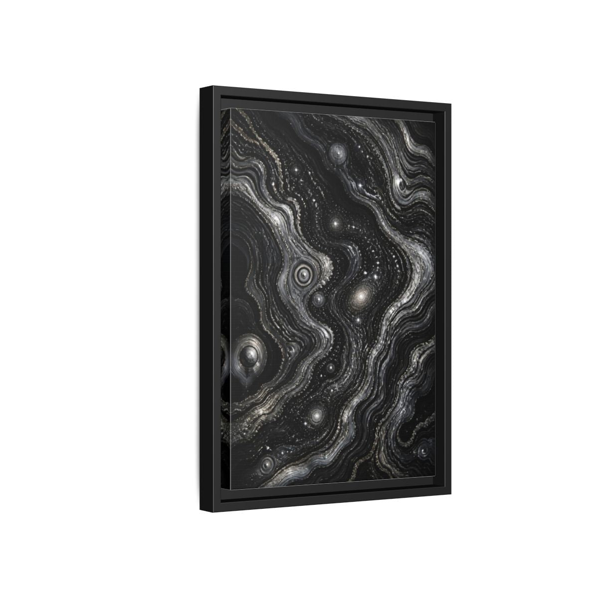 Side Mockup 6. Abstract Metallic Swirls shown as framed canvas print
