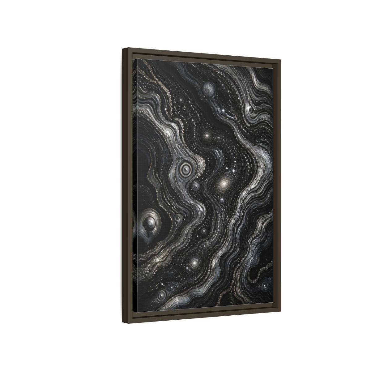Side Mockup 2. Abstract Metallic Swirls shown as framed canvas print