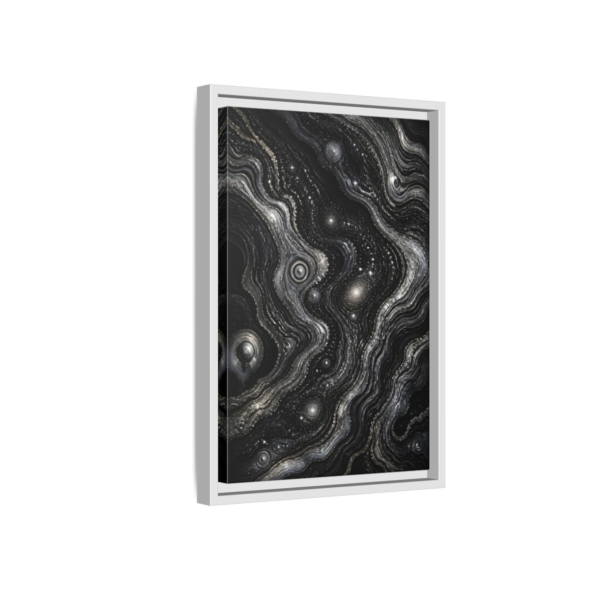 Side Mockup 4. Abstract Metallic Swirls shown as framed canvas print
