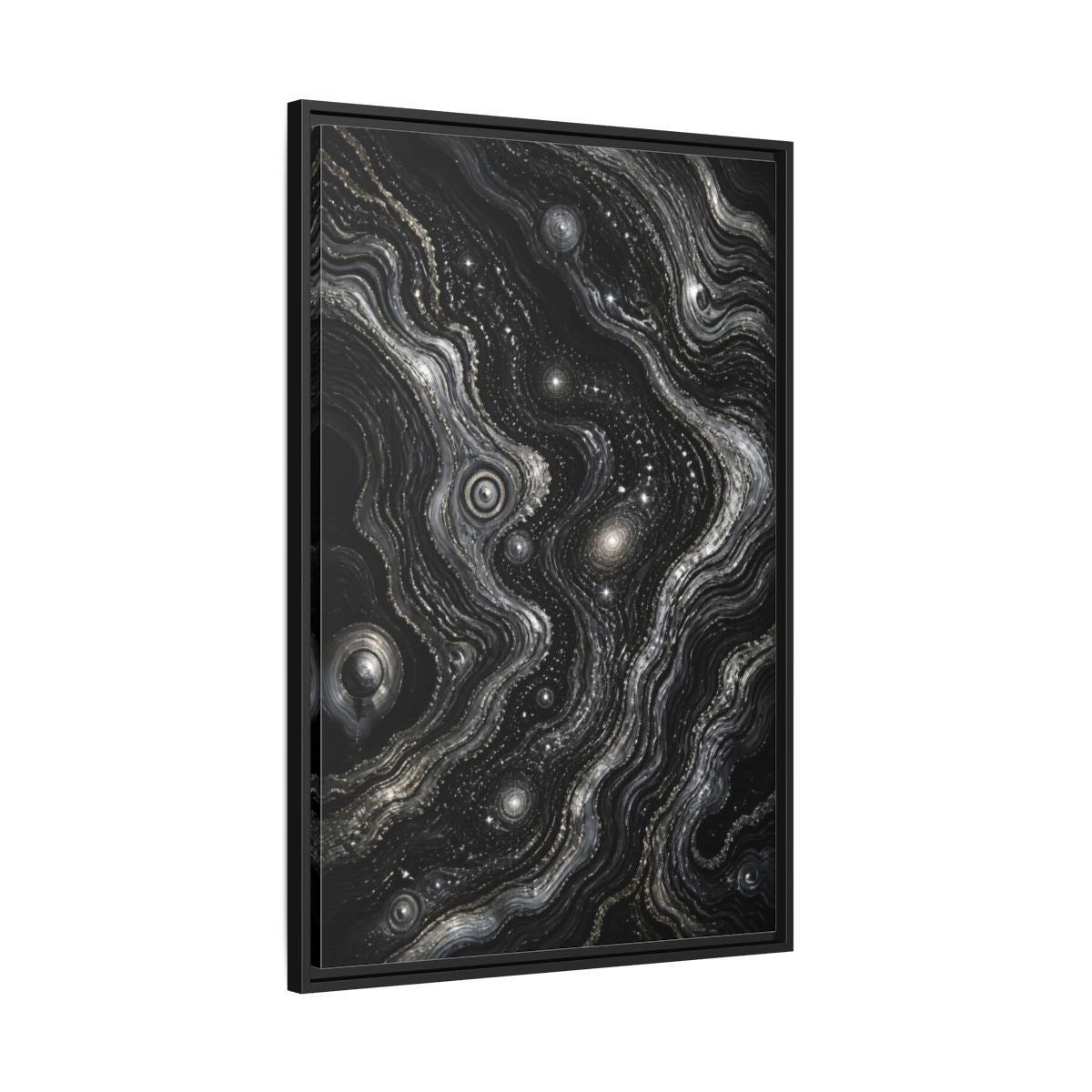 Side Mockup 13. Abstract Metallic Swirls shown as framed canvas print