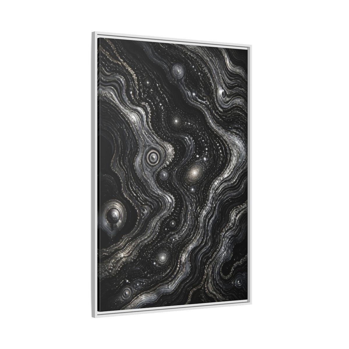 Side Mockup 7. Abstract Metallic Swirls shown as framed canvas print
