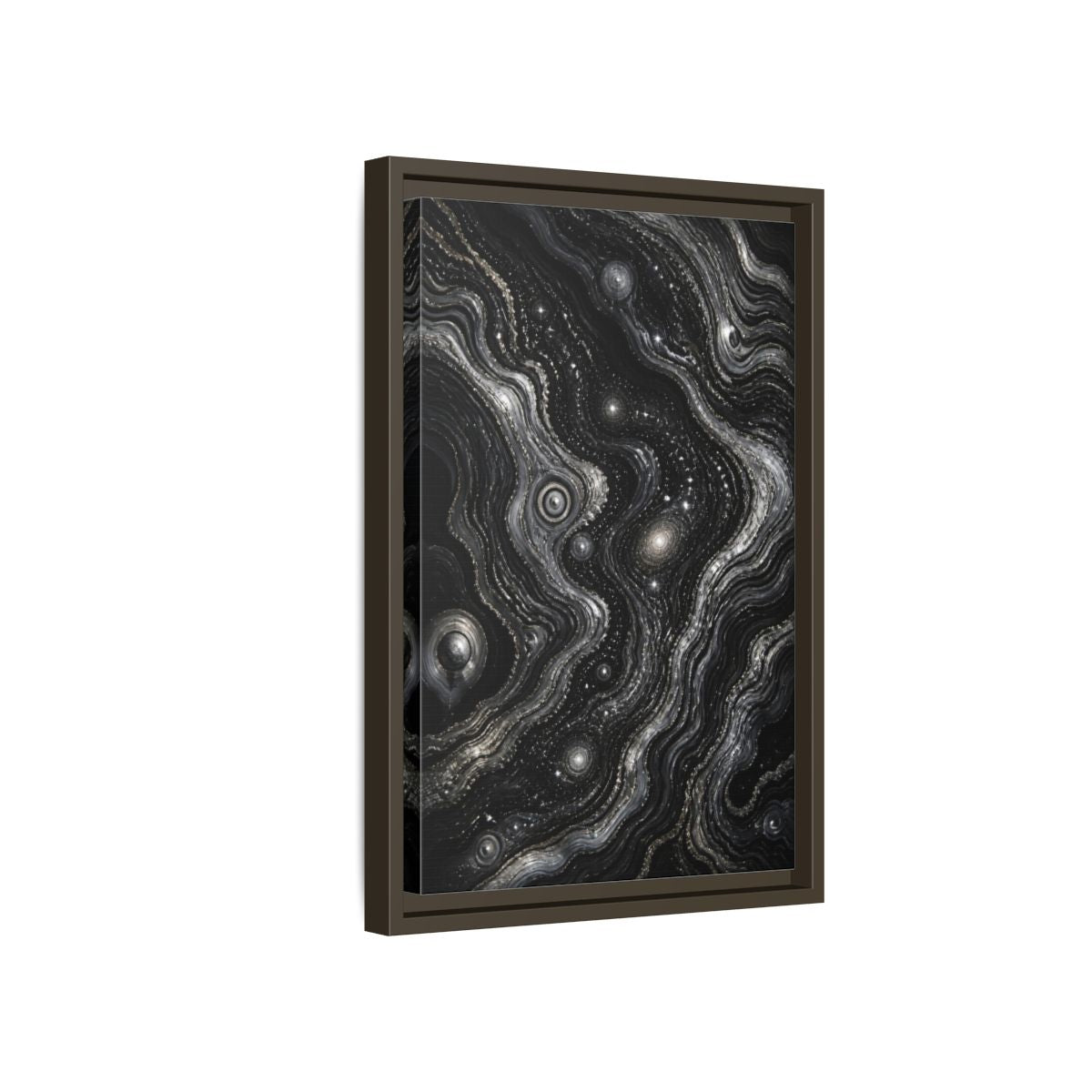 Side Mockup 5. Abstract Metallic Swirls shown as framed canvas print