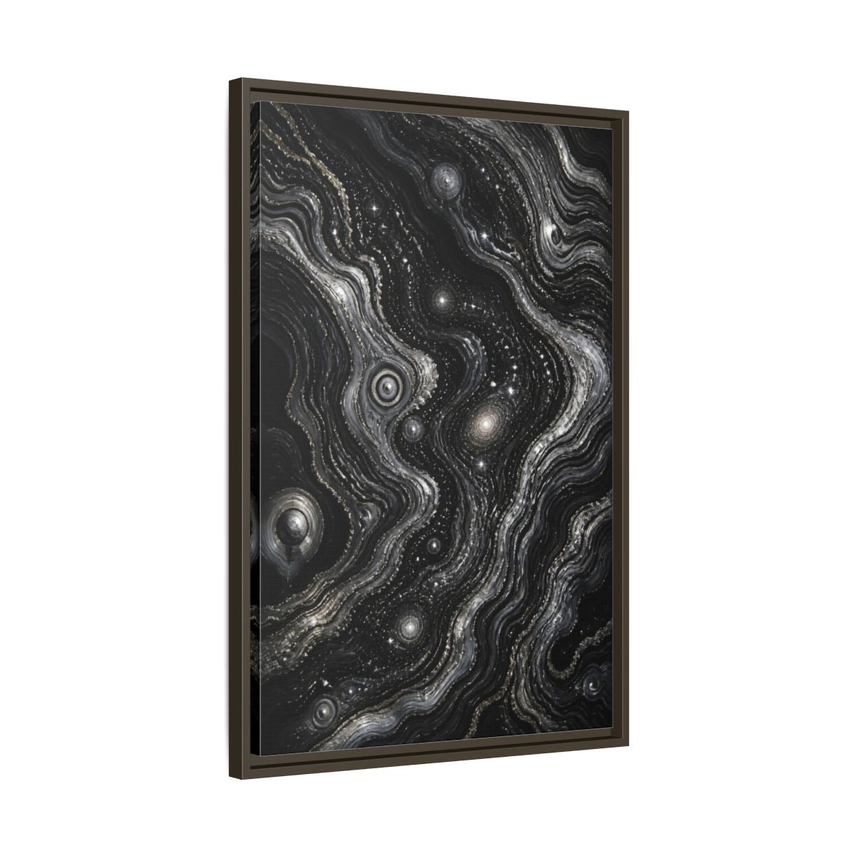 Side Mockup 11. Abstract Metallic Swirls shown as framed canvas print