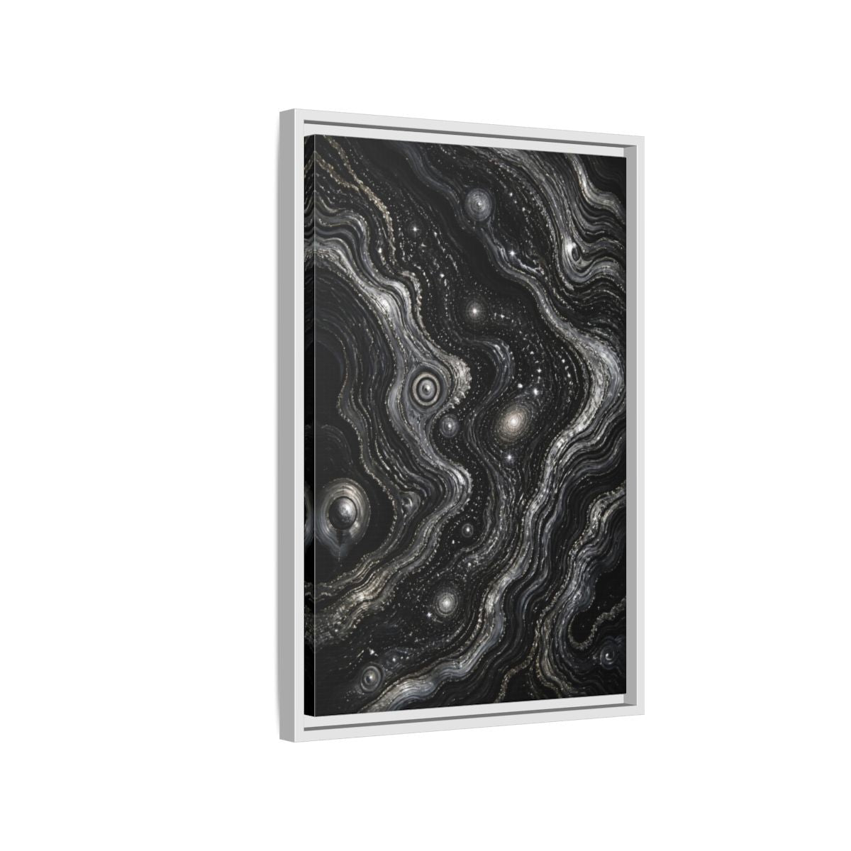 Side Mockup 1. Abstract Metallic Swirls shown as framed canvas print