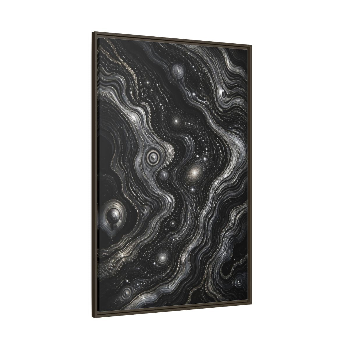 Side Mockup 8. Abstract Metallic Swirls shown as framed canvas print