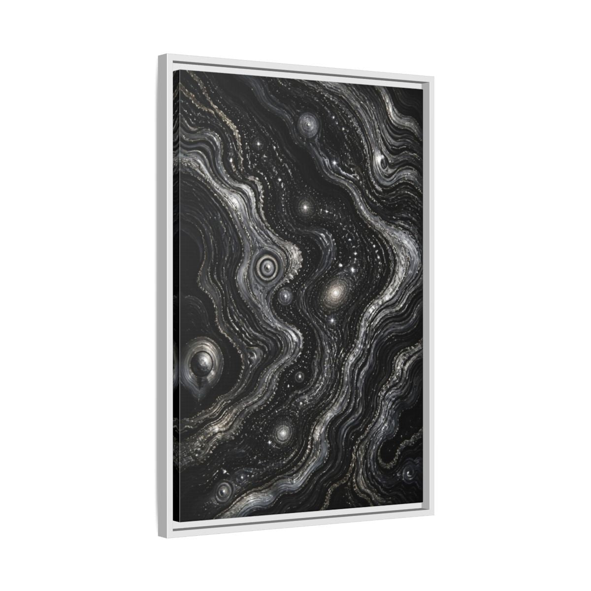 Side Mockup 10. Abstract Metallic Swirls shown as framed canvas print
